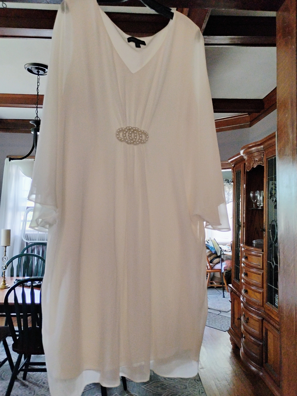 connected apparel White V-Neck Midi Dress with Jeweled Waist